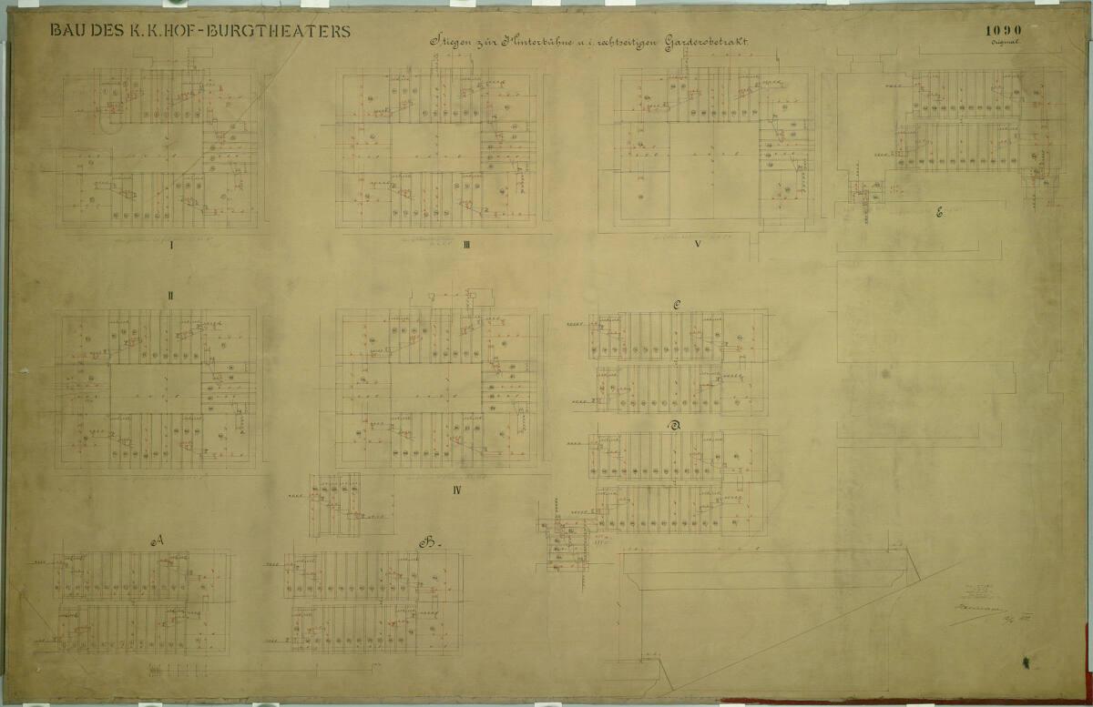 Carl von Hasenauer, Wien I, Burgtheater, Bühnenhaus, Volksgartenseite, Stiegenhaus, Grundrisse,…