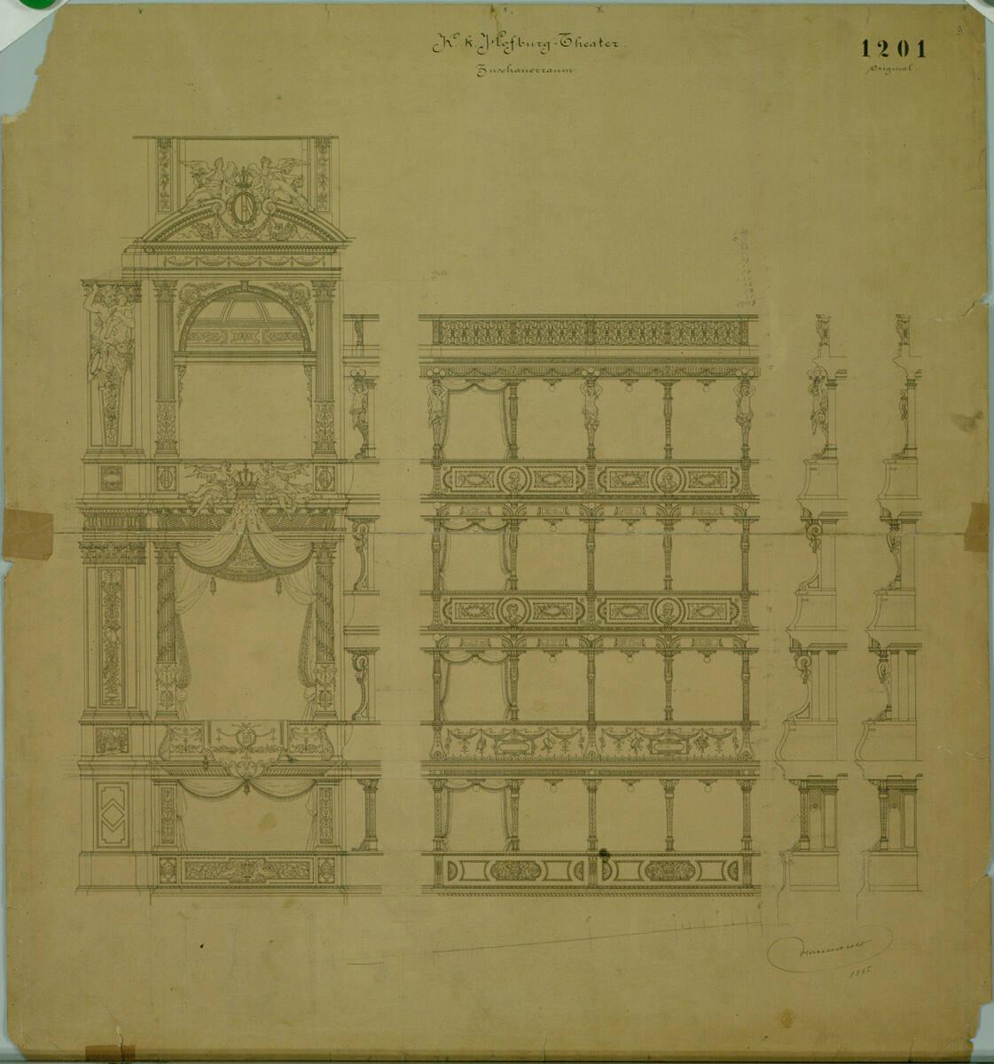 Carl von Hasenauer, Wien I, Burgtheater, Zuschauerraum, Logenwände, Aufrisse und Schnitte, Inv.…