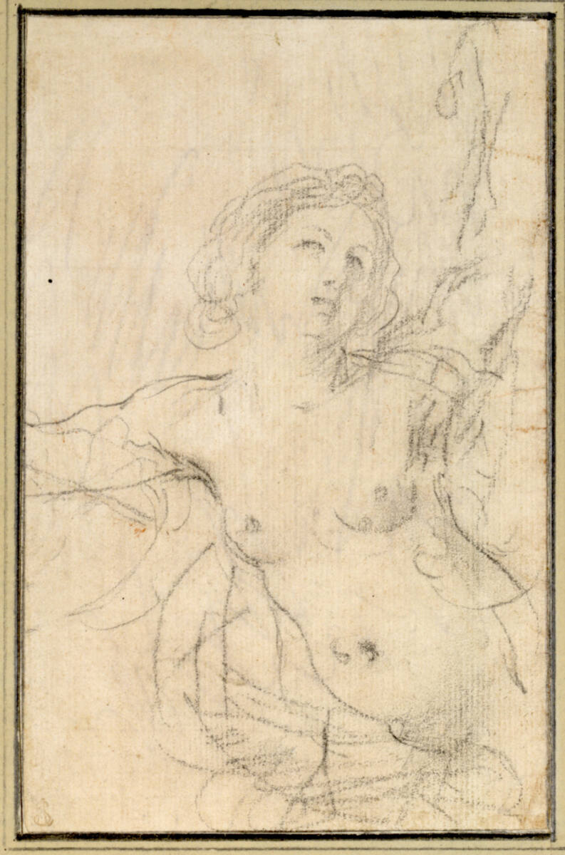Weiblicher Akt in Halbfigur, die Arme ausgebreitet, den Kopf etwas nach rechts geneigt, Guercino