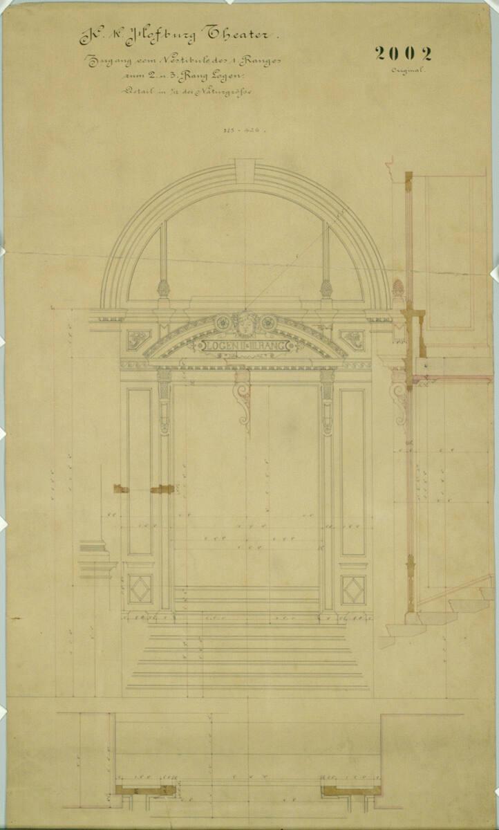 Carl von Hasenauer, Wien I, Burgtheater, Zugang zu den Logenverbindungstreppen, Grundriss, Aufr…