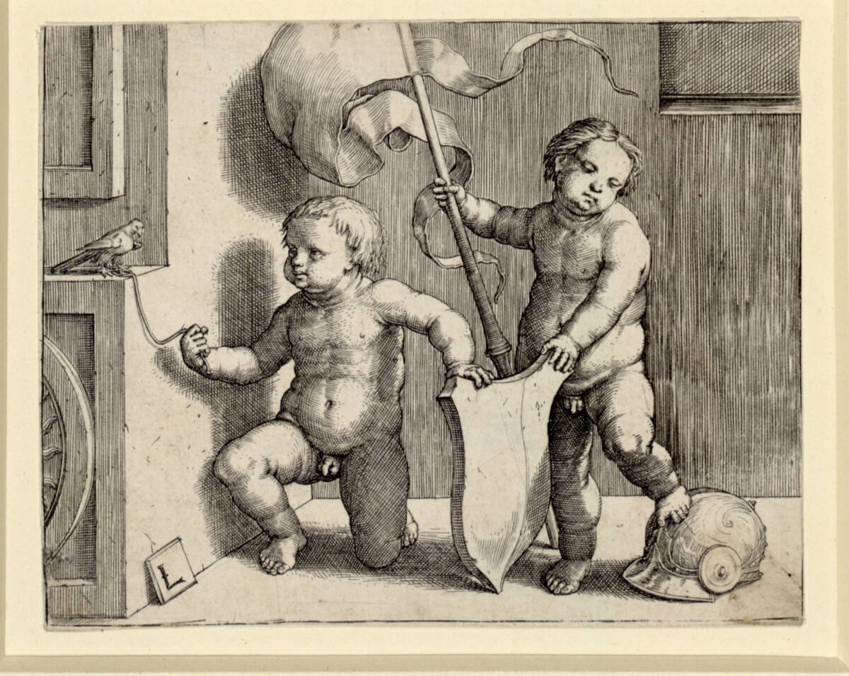 Zwei Knaben mit Wappenschild, Fahne und Helm, Lucas van Leyden