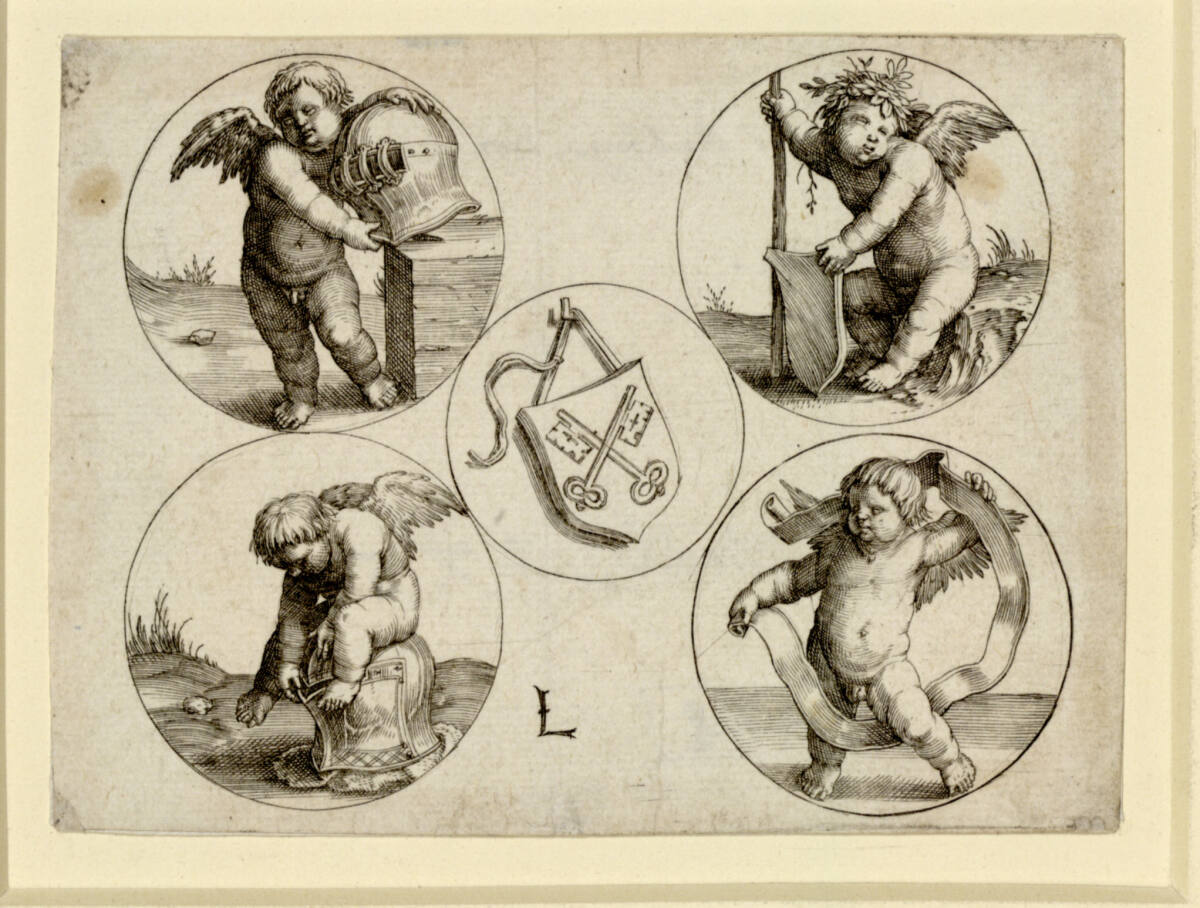Wappen der Stadt Leiden, von vier Medaillons mit Putti umgeben, Lucas van Leyden