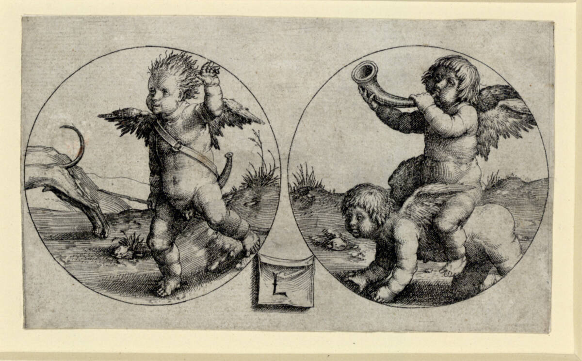 Zwei Medaillons mit Putti beim Jagdspiel, Lucas van Leyden