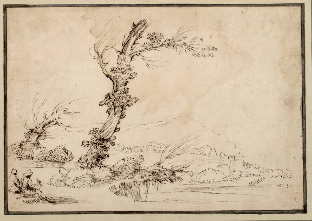 Baumlandschaft mit zwei sitzenden Falkenjägern