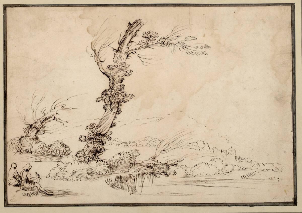 Anonym, Baumlandschaft mit zwei sitzenden Falkenjägern, Inv. Nr.: 2426