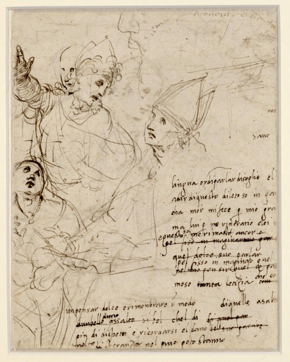 Studie für den heiligen Ambrosius und Petrus Lombardus der "Disputà" (Stanza della Segnatura, Vatikan) und weitere Studien, Raphael, 1509