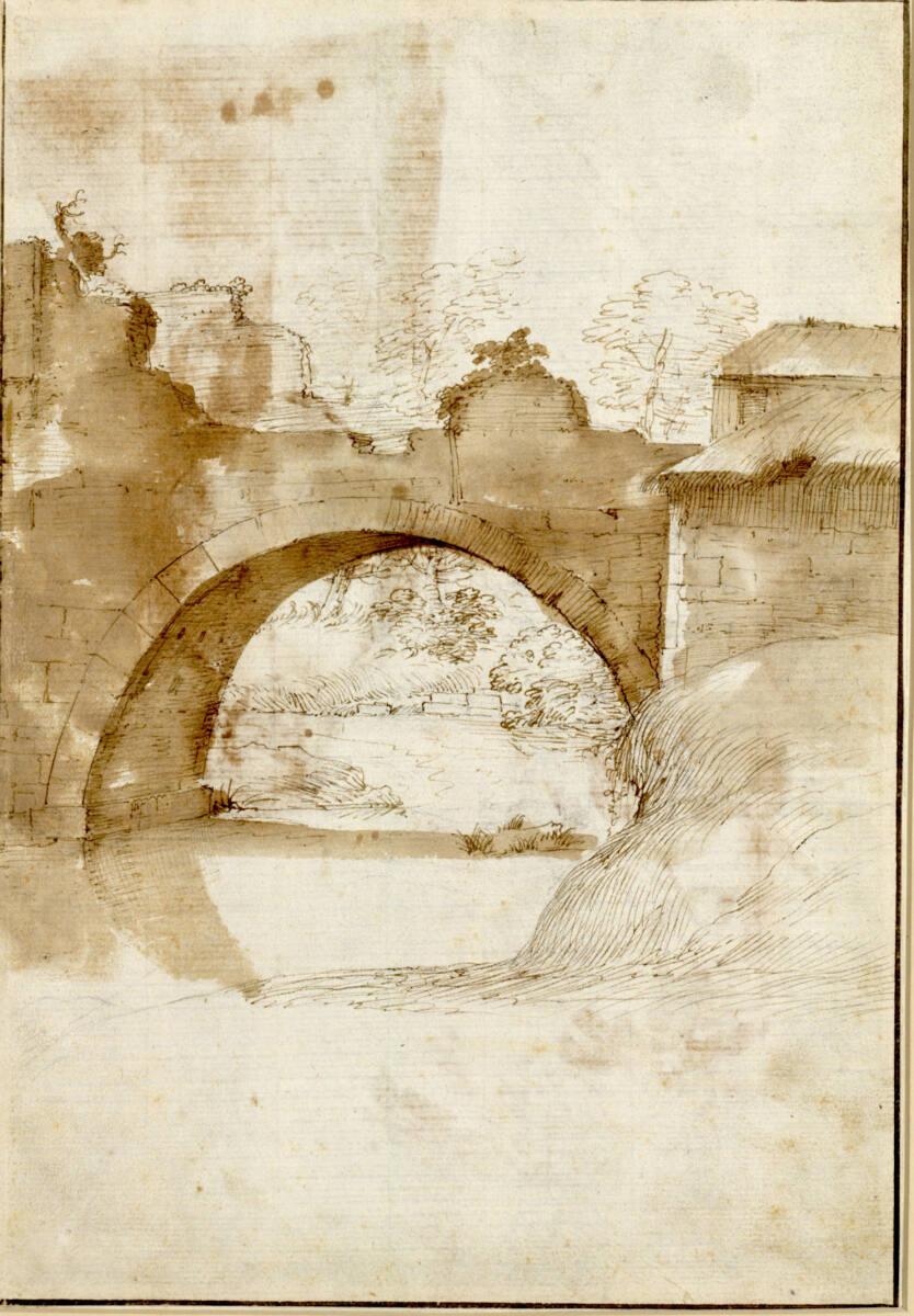 Pier Francesco Mola, Steinerner Brückenbogen über einen Fluß, Inv. Nr.: 2449v