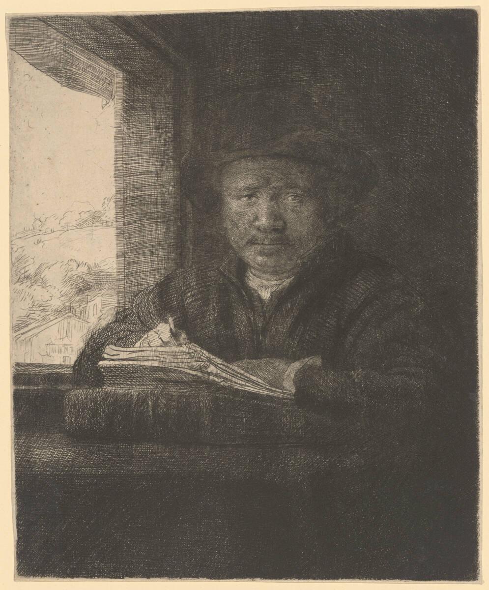 Selbstbildnis zeichnend beim Fenster, Rembrandt, 1648