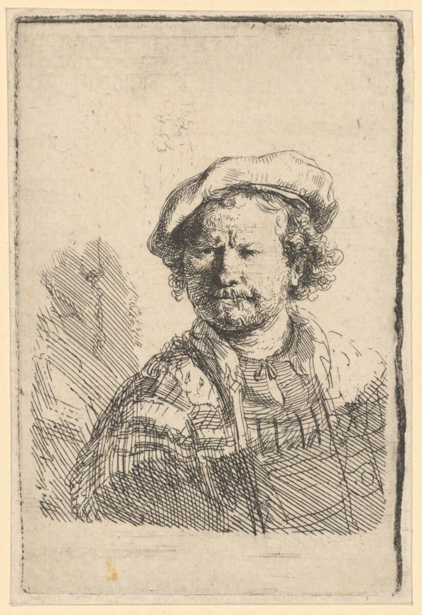 Rembrandt Harmensz. van Rijn, Selbstbildnis mit der flachen Kappe, Inv. Nr.: DG1926/35