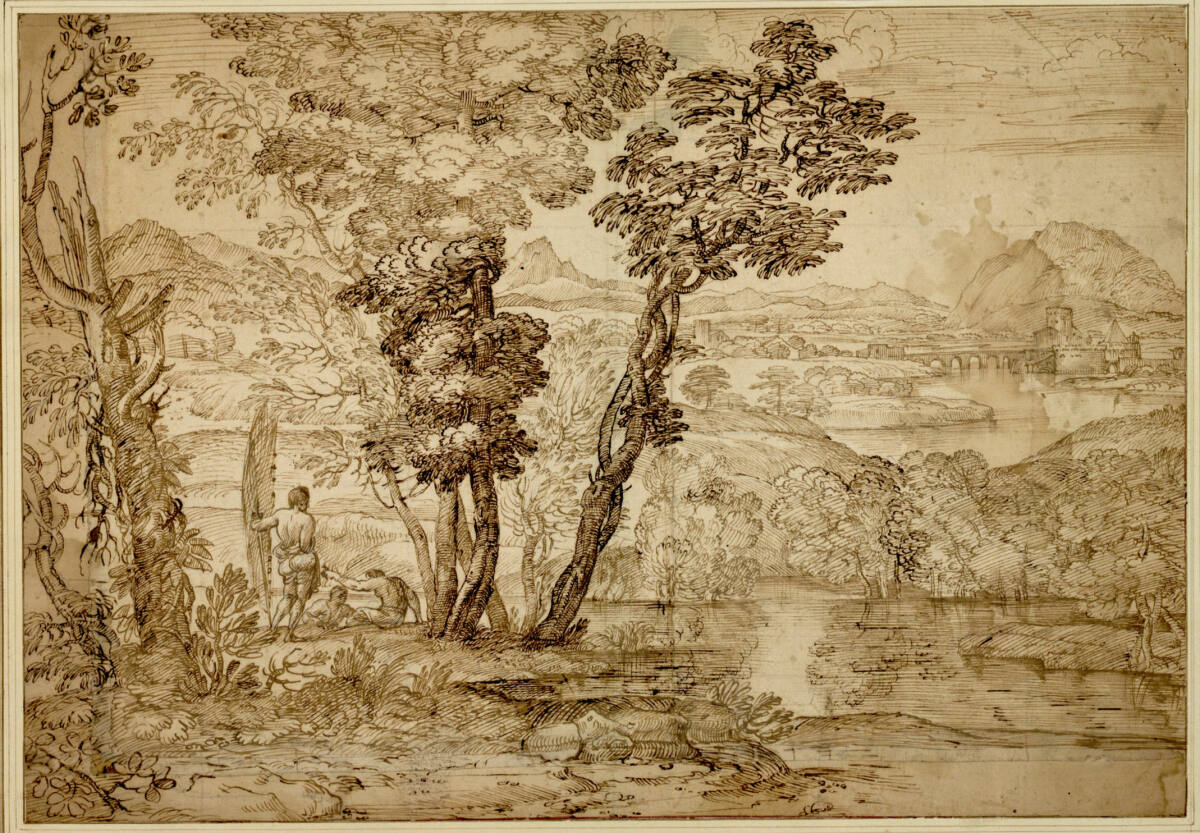 Weite Flusslandschaft mit drei Fischern, Giovanni Francesco Grimaldi