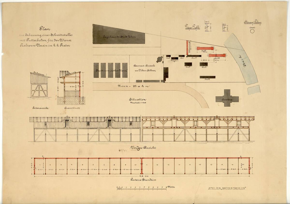 Wien, Krieau, Trabrennanlage, Stallbauten mit Situationsdarstellung, 1896, Inv. Nr.: AZ12132