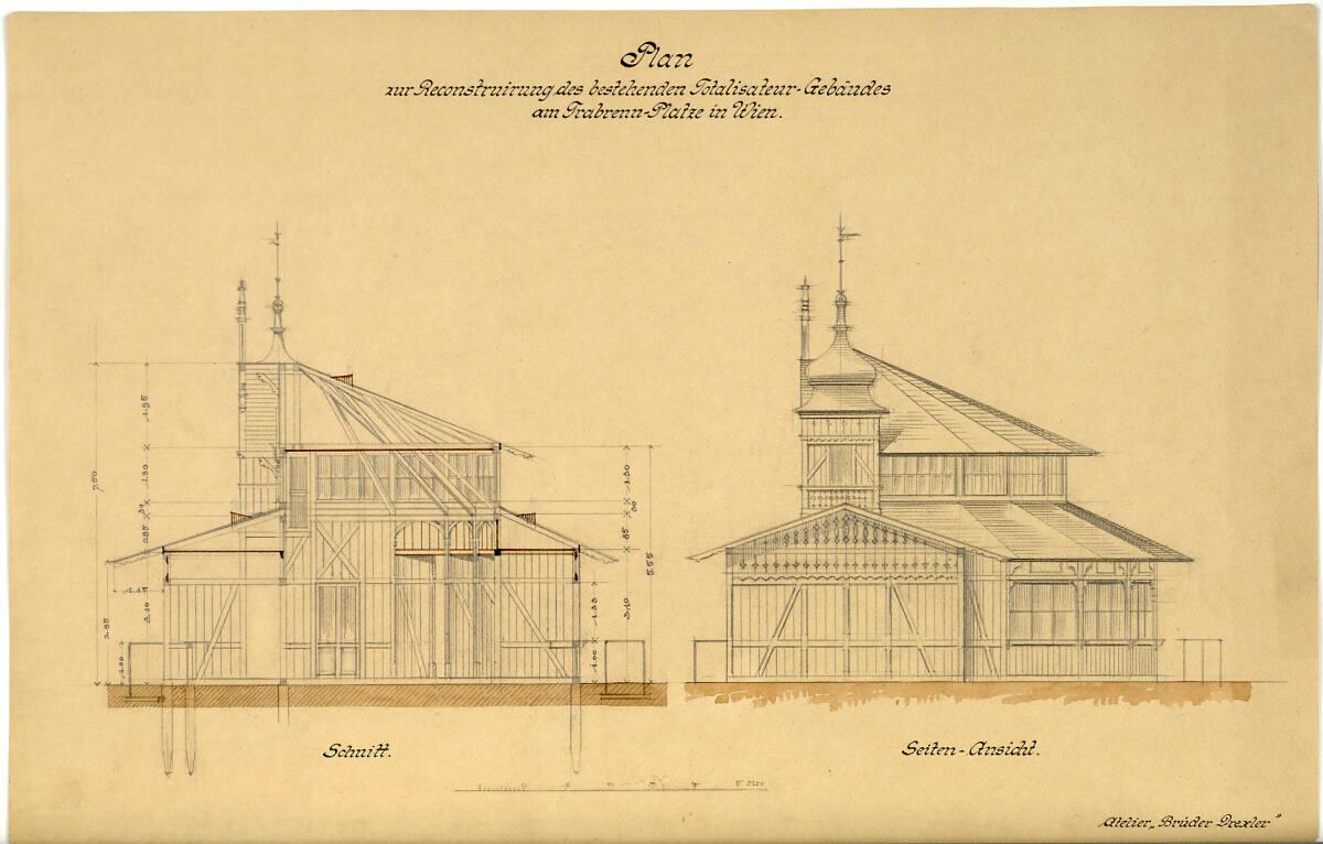 Wien, Krieau, Trabrennanlage, Umbauprojekt des Totalisateurgebäudes, Aufriß und Schnitt, 1897 (…