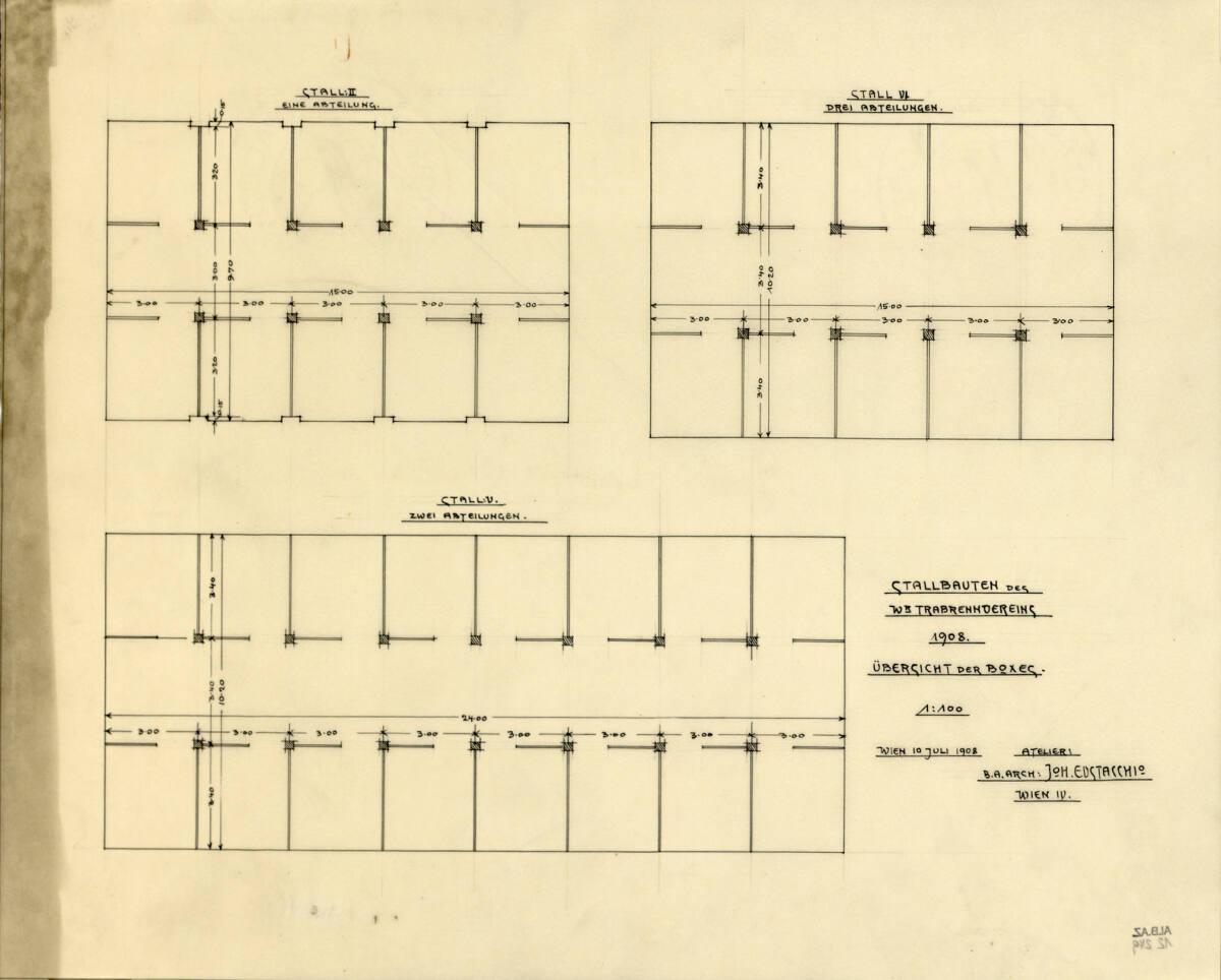 Wien, Krieau, Trabrennanlage, Stallbauten, Übersicht der Boxes, 1908, Inv. Nr.: AZ12249