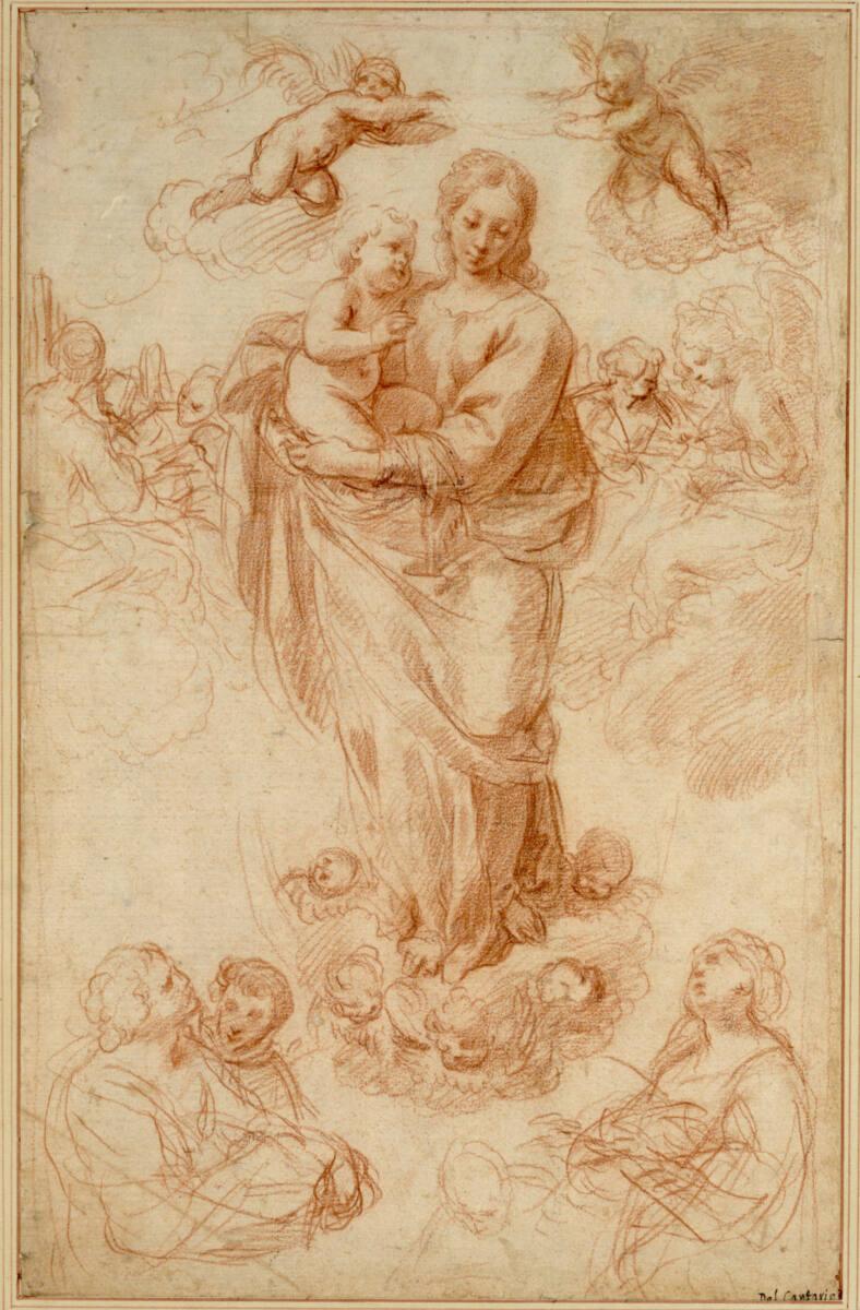 Simone Cantarini da Pesaro, Maria mit dem Kind auf Wolken, umgeben von musizierenden Engeln, vo…