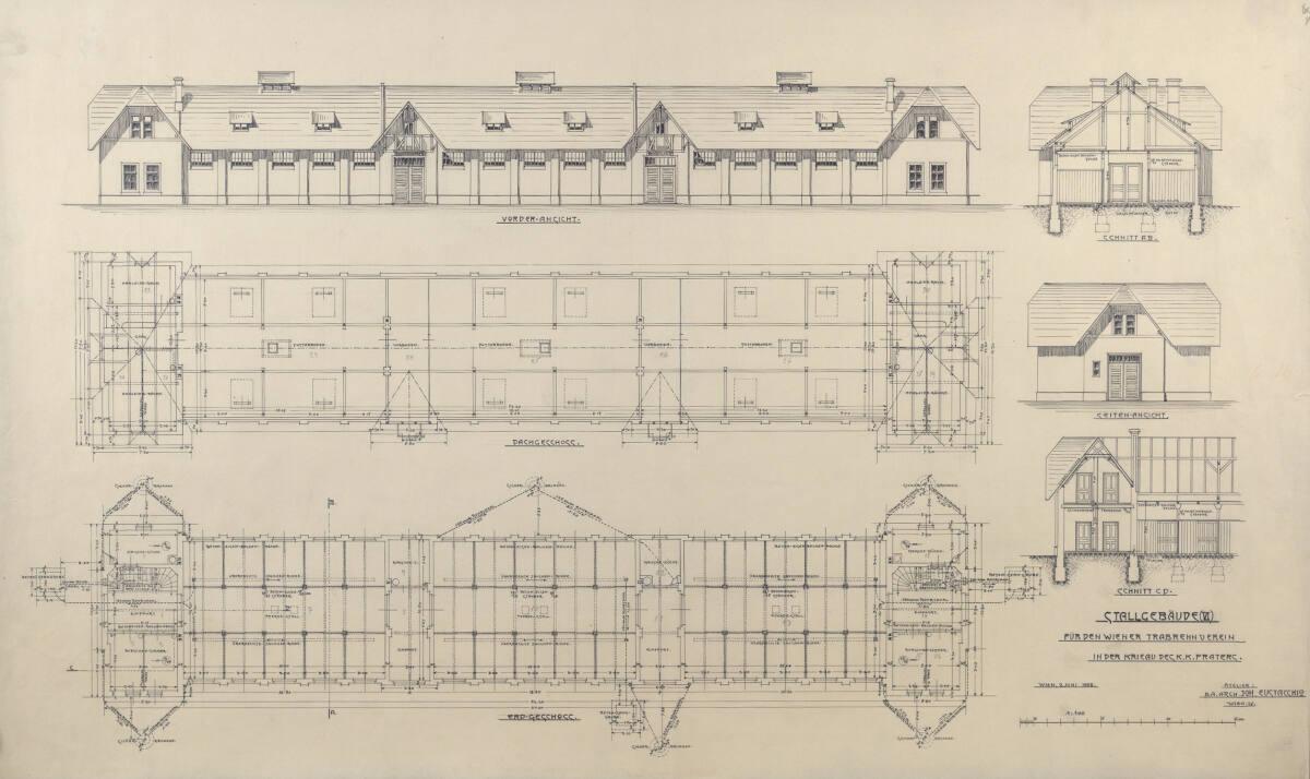 Wien, Krieau, Trabrennanlage, Stallgebäude (VI), Grund- und Aufriß, Schnitt, 1908, Inv. Nr.: AZ…