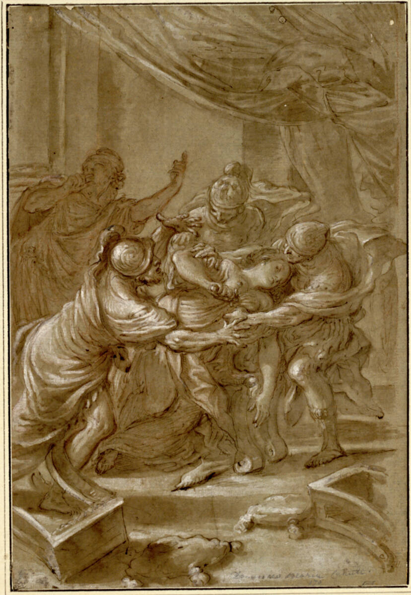 Lukrezia stirbt in den Armen ihres Gatten Tarquinius Collatinus und ihres Vaters, Domenico Maria Canuti, 1670–1680