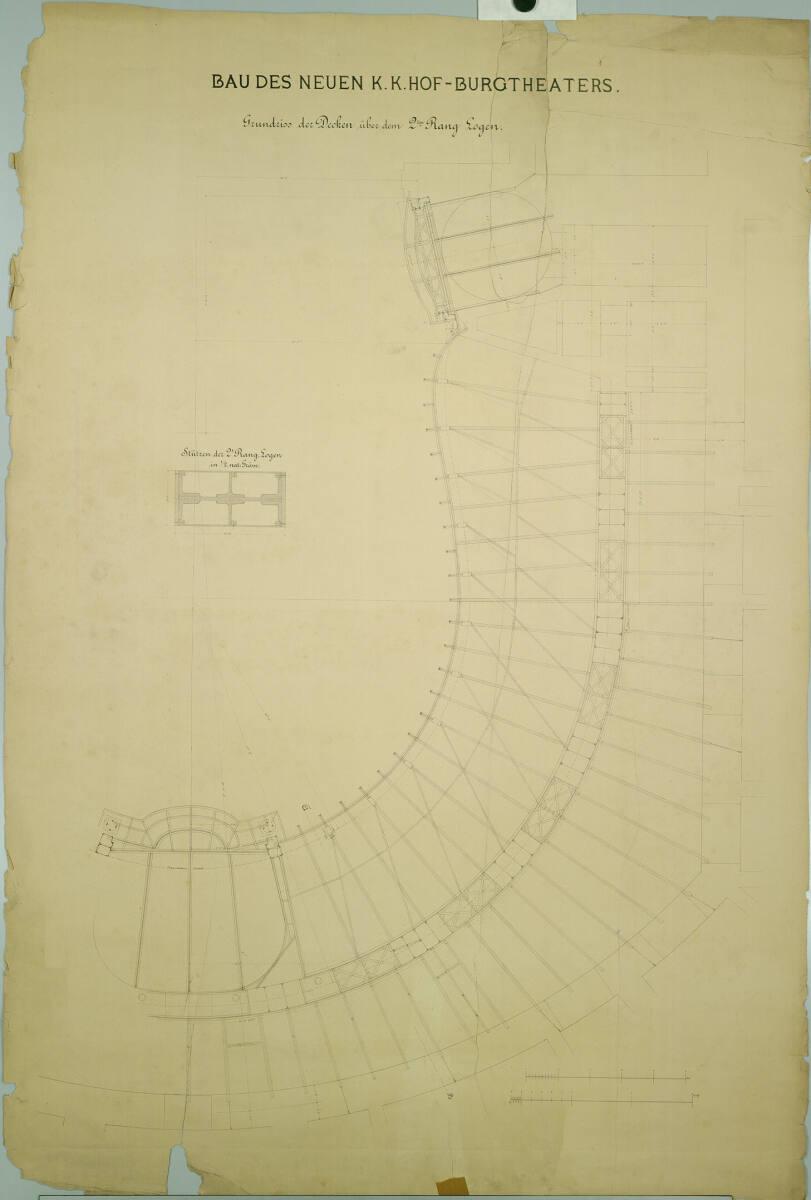 Carl von Hasenauer, Wien I, Burgtheater, Zuschauerraum, 2. Rang, Deckenkonstruktion, Grundriss,…