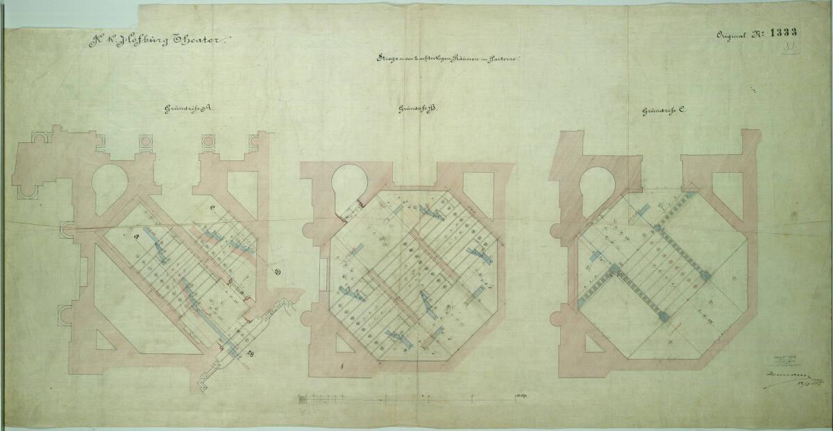 Carl von Hasenauer, Wien I, Burgtheater, achteckiges Treppenhaus zu den Parterre-Logen, Grundri…