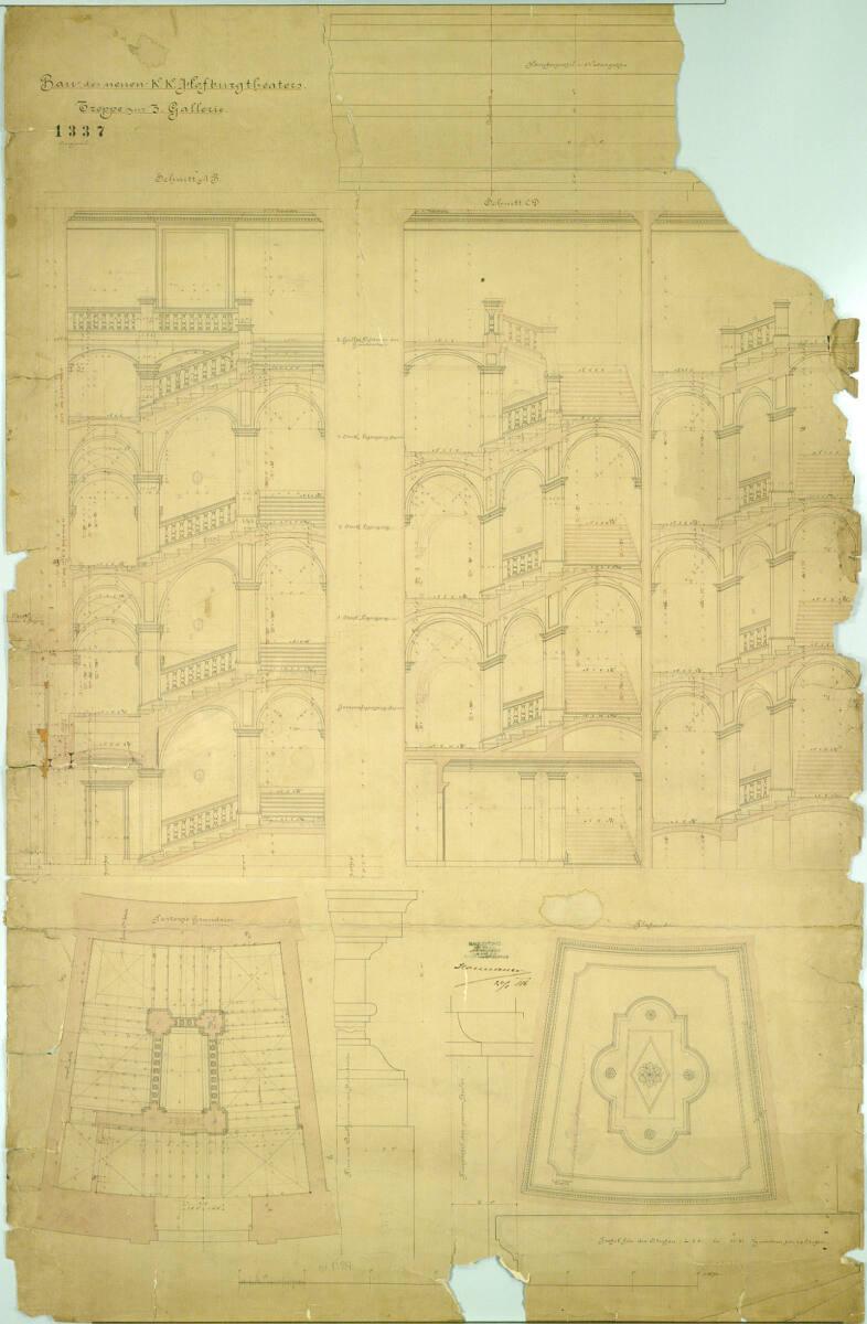 Carl von Hasenauer, Wien I, Burgtheater, 3. Galerie-Treppe, Grundriss, Schnitte und Deckenunter…