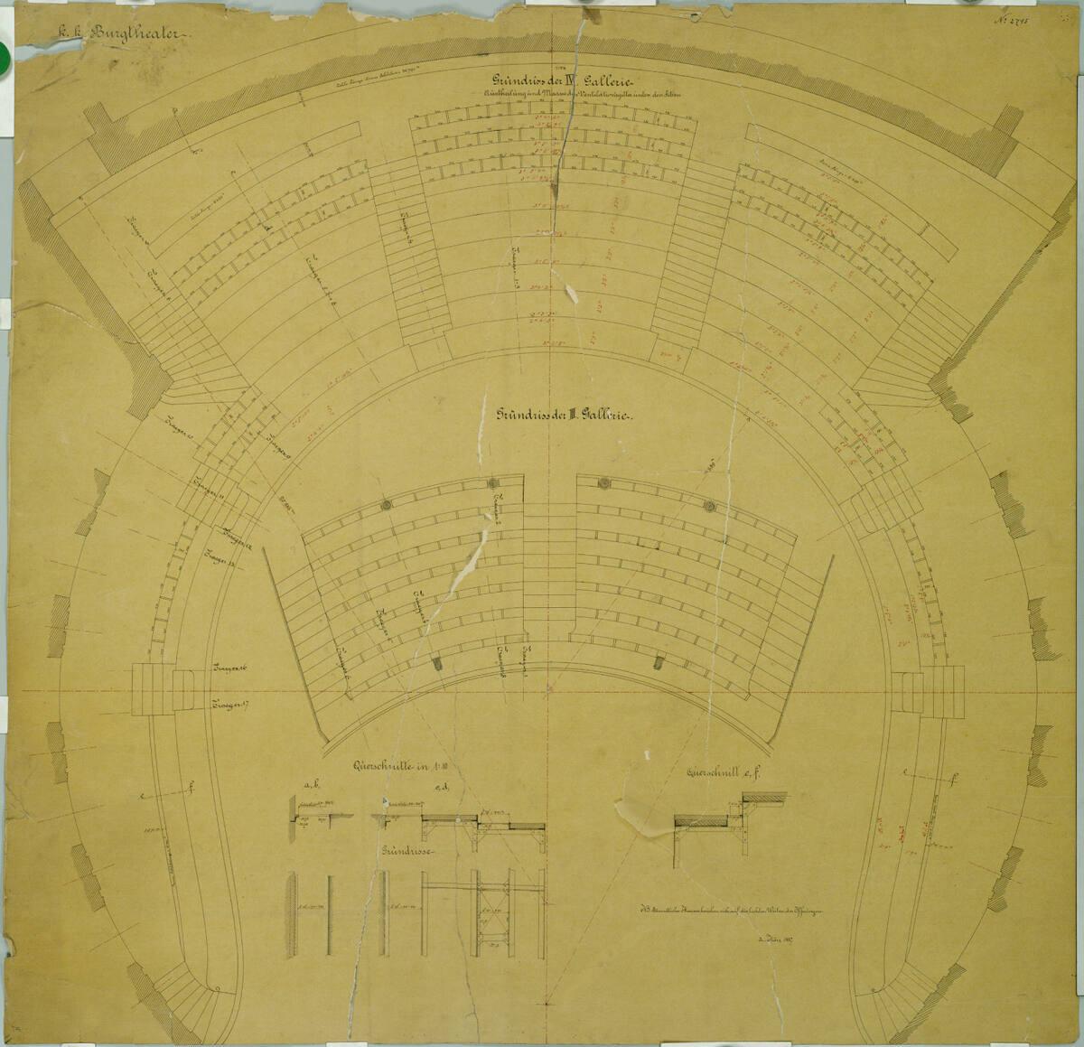 Carl von Hasenauer, Wien I, Burgtheater, Zuschauerraum, 3. und 4. Galerie, Grundrisse und Schni…