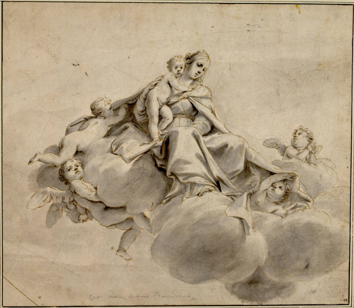 Maria mit dem Kind auf Wolken sitzend, begleitet von vier Putten, Marcantonio Franceschini