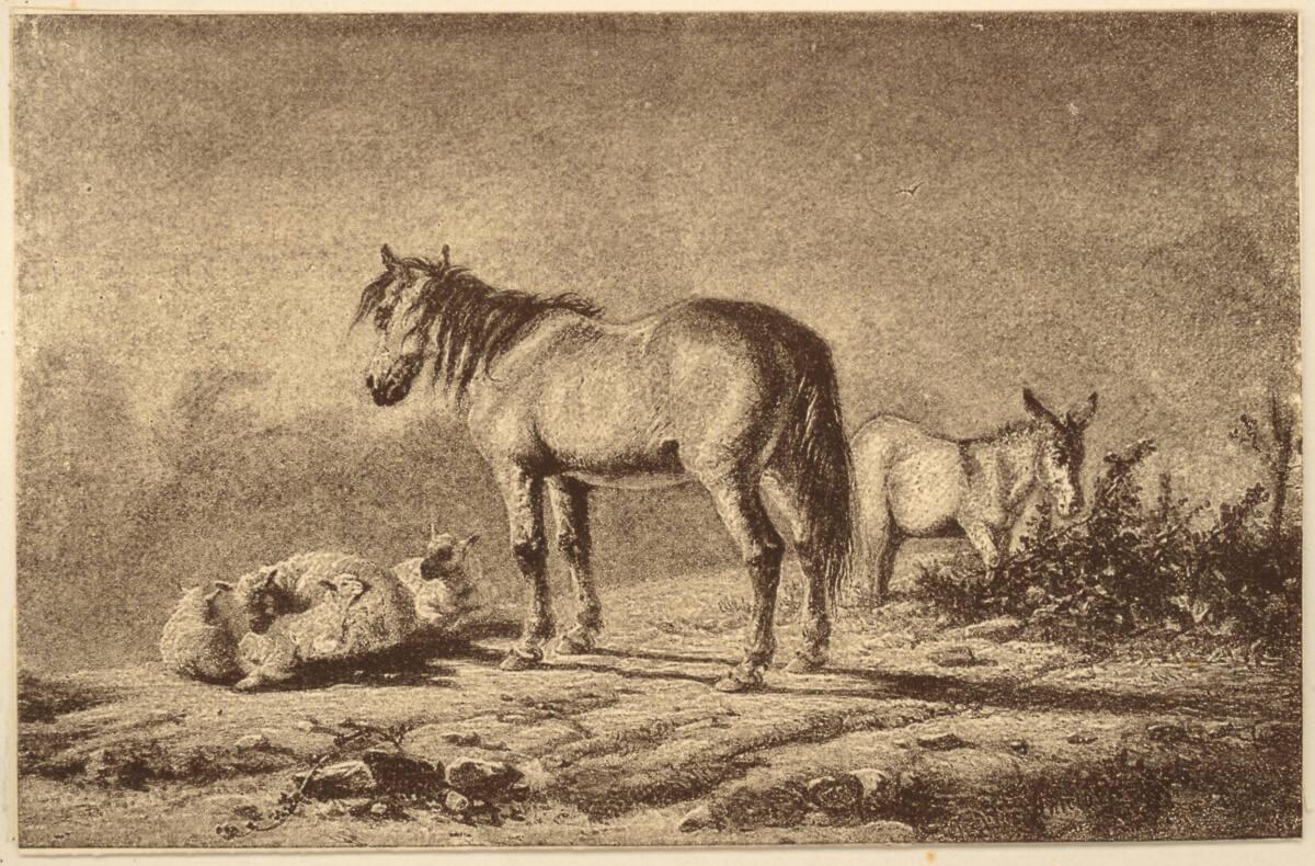 Paul Pretsch, Landschaft mit Pferd, Esel und Schafe nach einer Tuschezeichnung von Hancock, Inv…