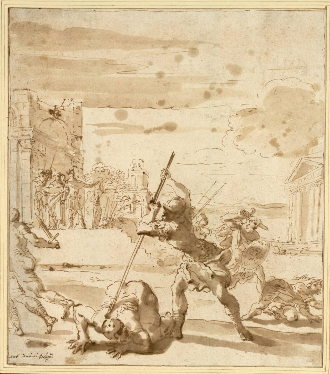 Mythologische Szene. Antik gekleidete Krieger verfolgen und töten Gegner vor einer Terrasse mit Architektur, wo ein Herrscher mit Gefolge sind; rechts ein Portikus eines antiken Tempels, GianAntonioBurrini