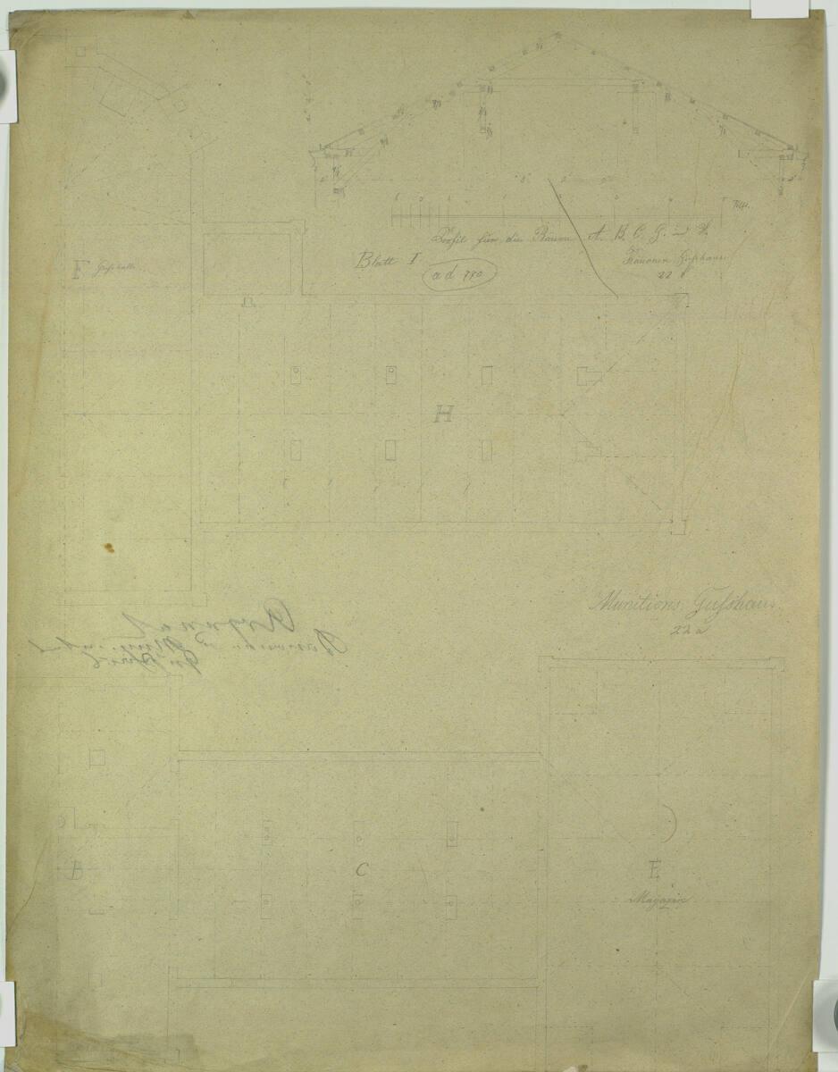 Carl von Hasenauer, Wien III, Arsenal, Kanonen- und Munitionsgußhaus, Grundrisse und Schnitt, I…