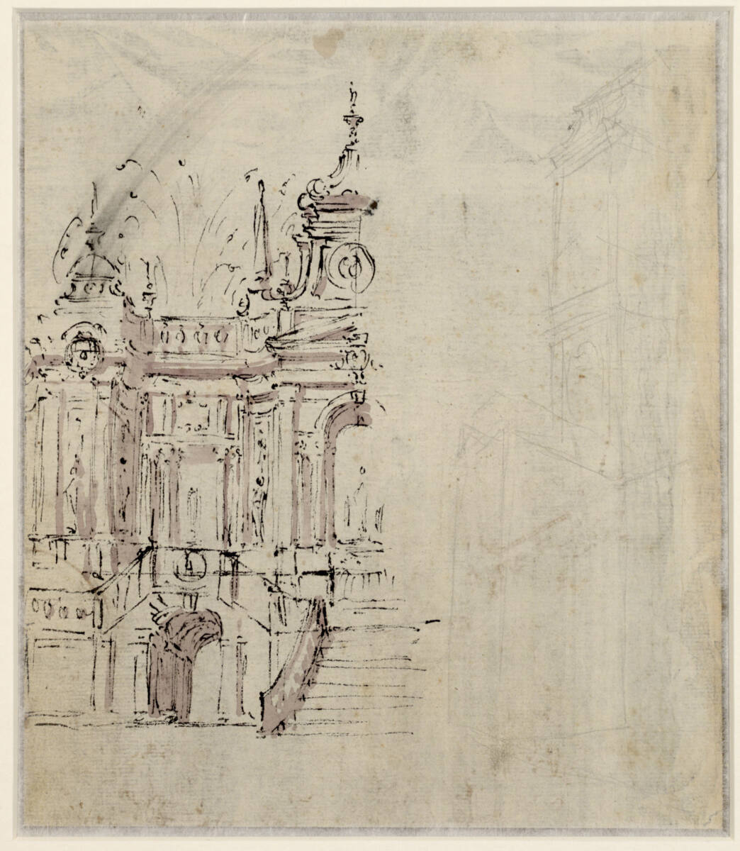 Teilstudie einer Palastfassade mit Freitreppe; rechts flüchtige Architekturskizze, Ferdinando Galli-Bibiena