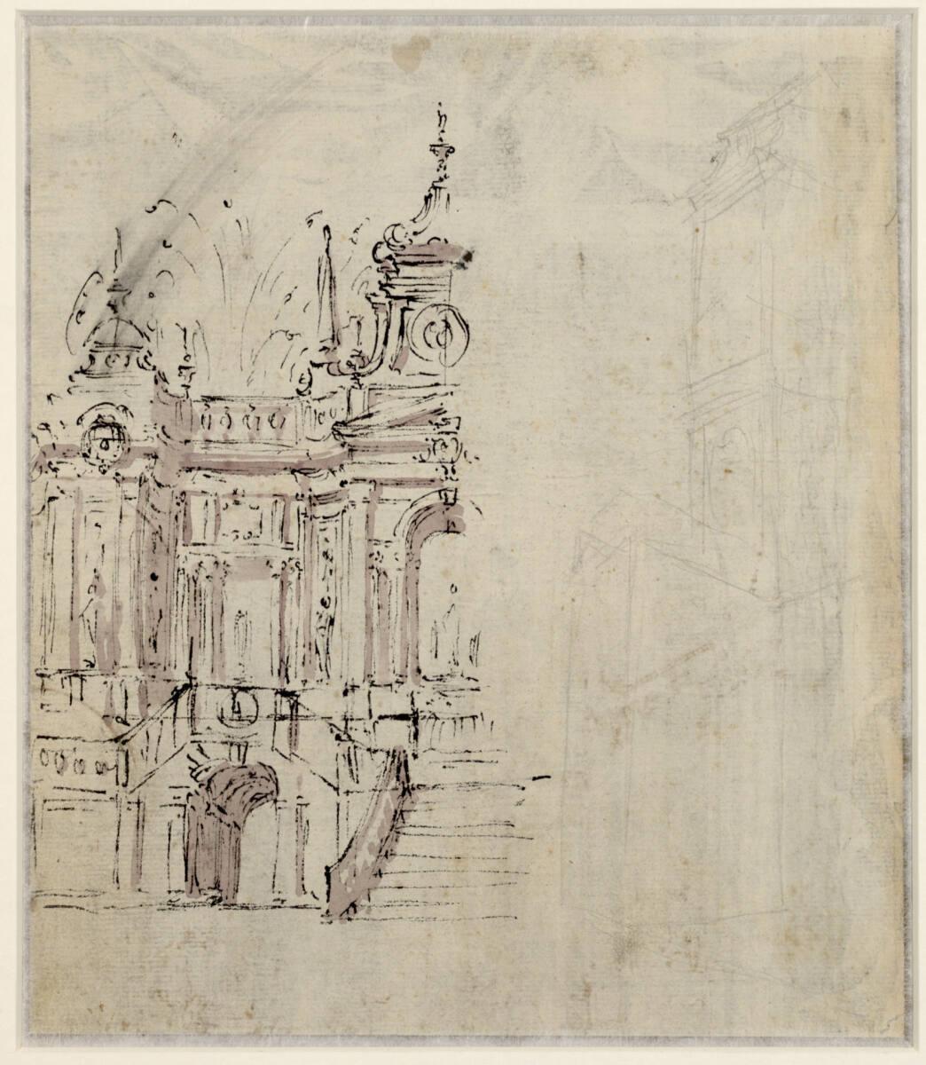 Ferdinando Galli Bibiena, Teilstudie einer Palastfassade mit Freitreppe; rechts flüchtige Archi…