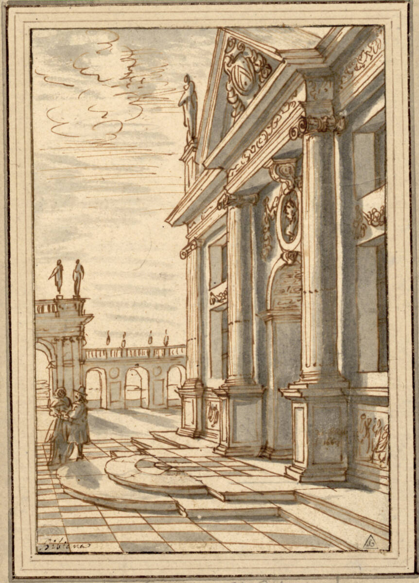 Fassade einer Kirche mit ionischen Säulen; auf dem Vorplatz zwei Figuren, Ferdinando Galli-Bibiena