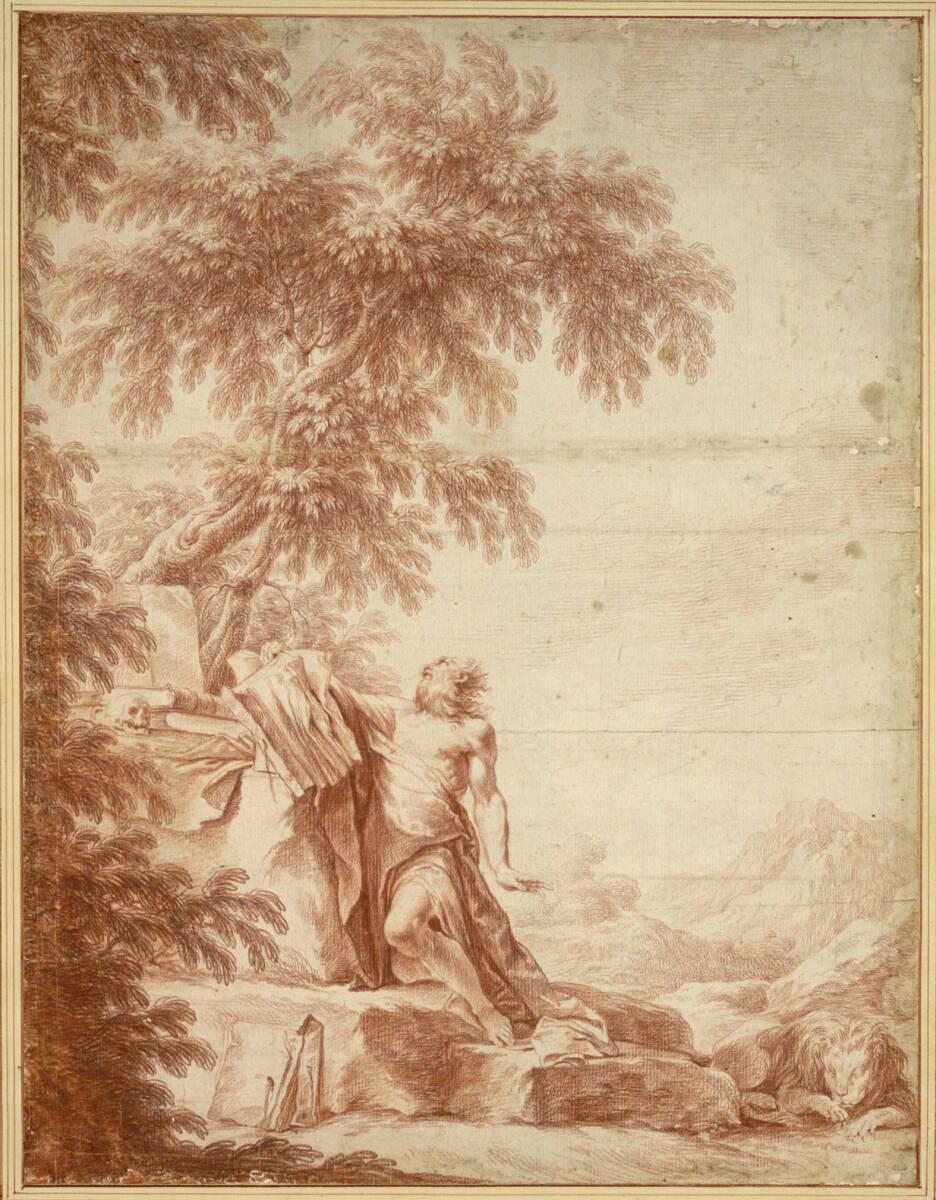 Giuseppe Maria Crespi, Der heilige Hieronymus kniet nach links unter einem großen Baum; rechts …