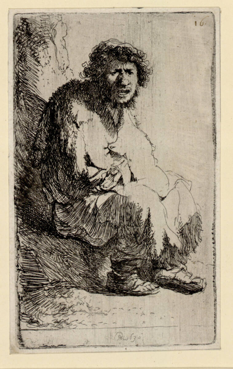 Auf einem Erdhügel sitzender Bettler, Rembrandt, 1630