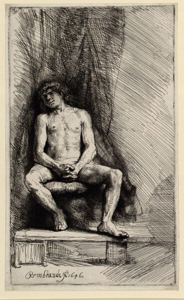 Rembrandt Harmensz. van Rijn, Männlicher Akt, sitzend, Inv. Nr.: DG1926/330