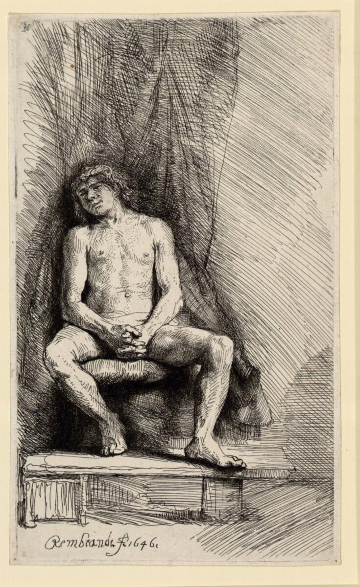Männlicher Akt, sitzend, Rembrandt, 1646