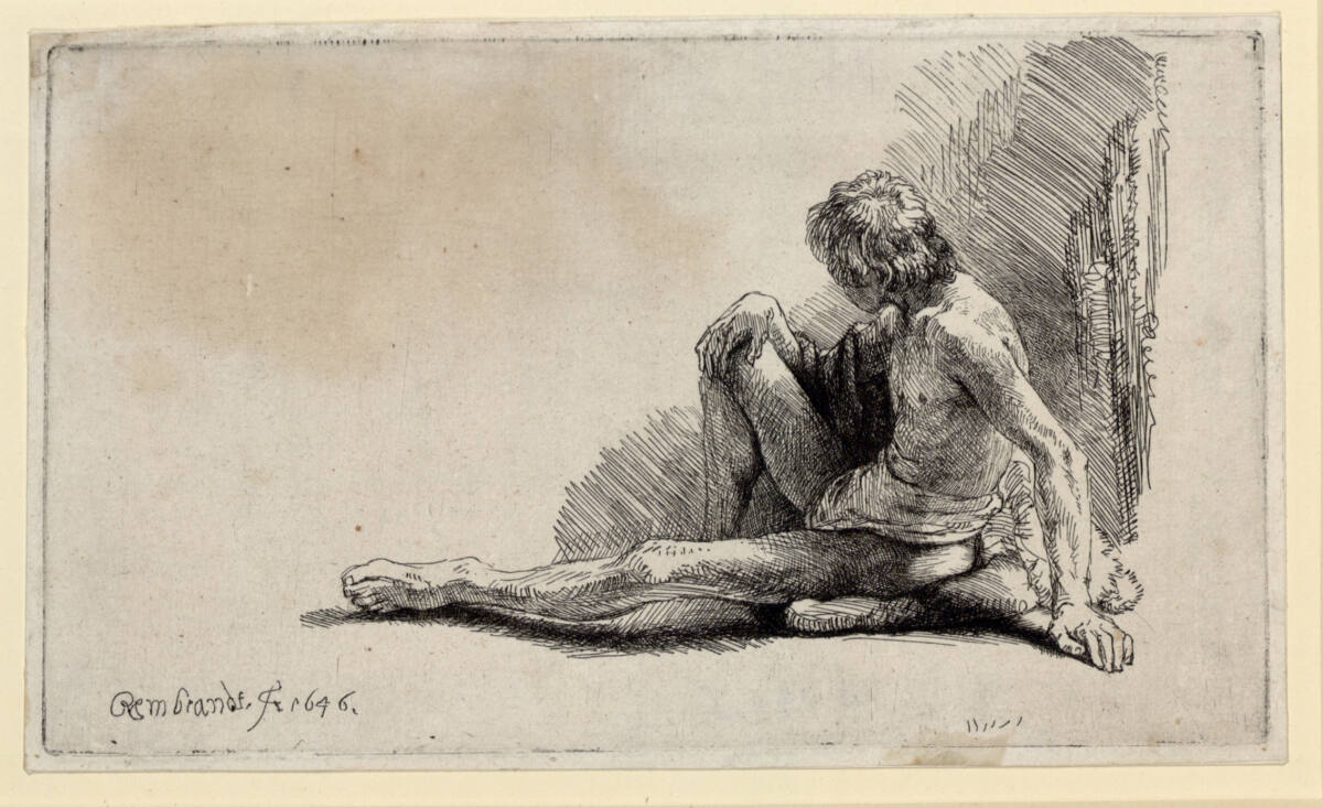 Männlicher Akt, am Boden sitzend, Rembrandt, 1646