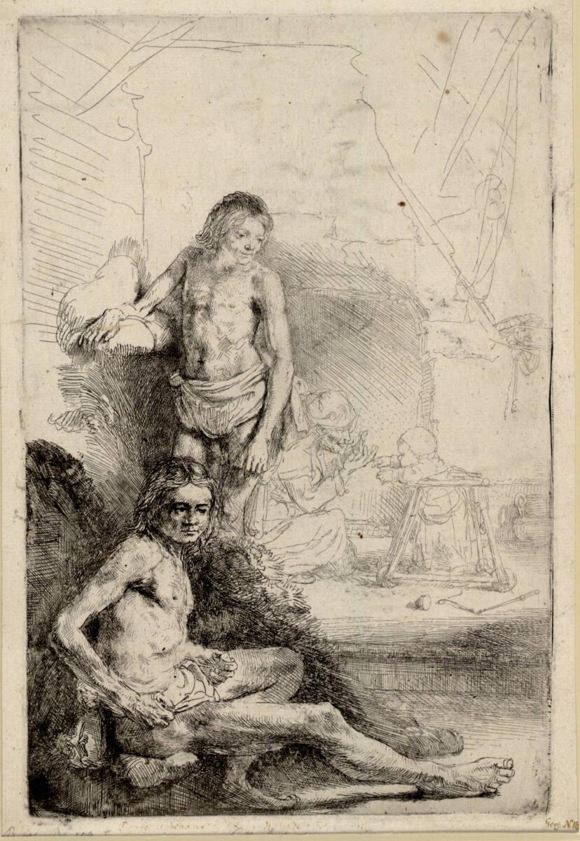 Rembrandt Harmensz. van Rijn, Männlicher Akt, sitzend und stehend ("Het Rolwagentje"), Inv. Nr.…