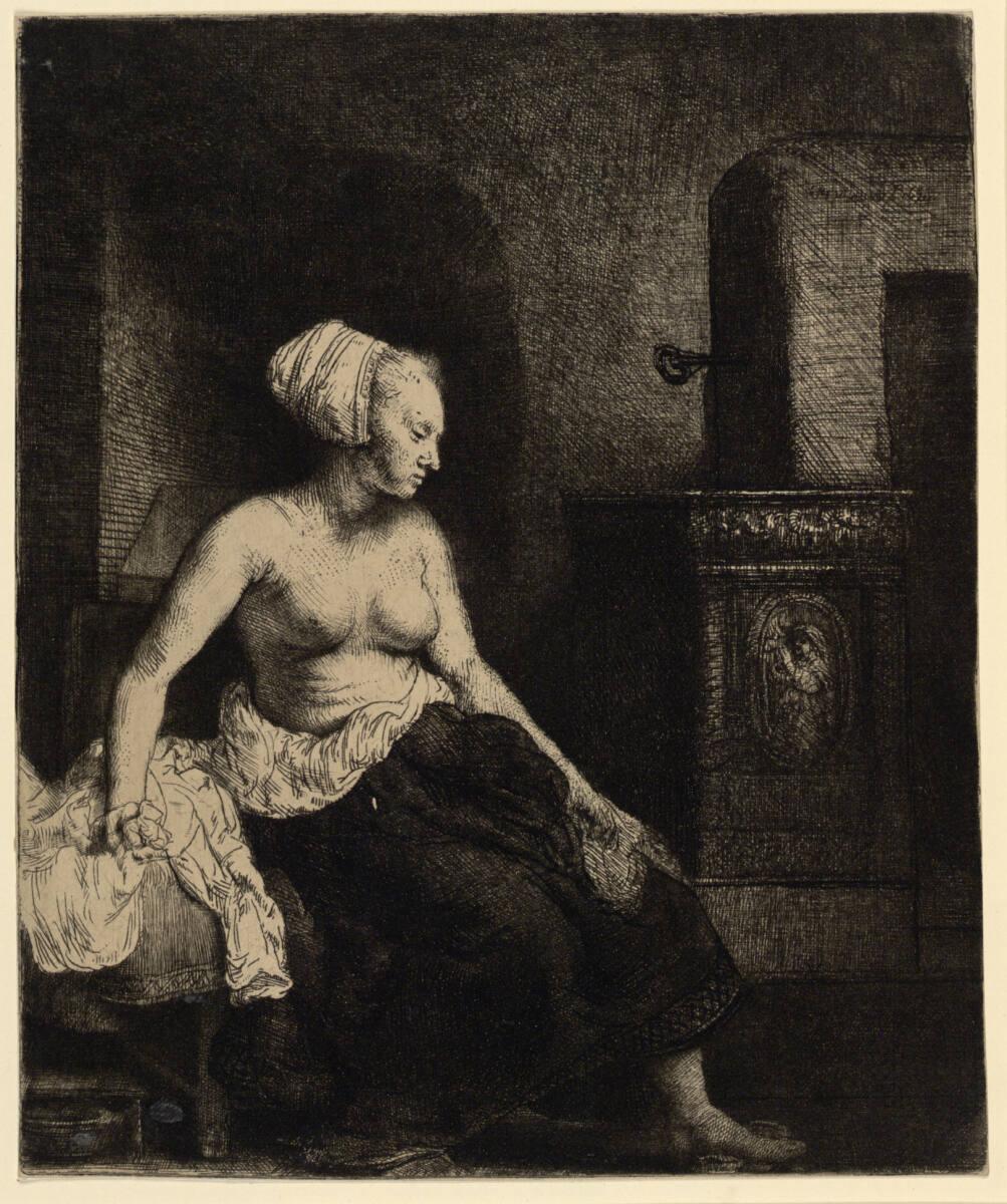 Rembrandt Harmensz. van Rijn, Weiblicher Halbakt, an einem Ofen sitzend, Inv. Nr.: DG1926/339