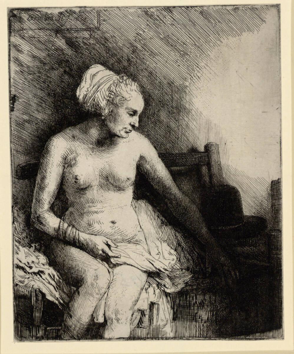 Nackte Frau auf einer Bank sitzend mit dem Hut neben sich, Rembrandt, 1658