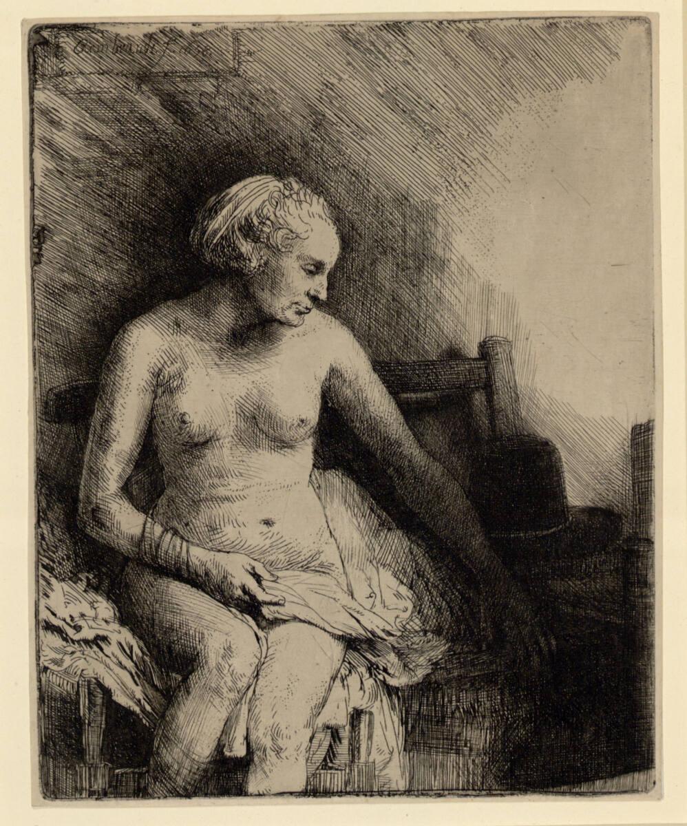 Nackte Frau auf einer Bank sitzend mit dem Hut neben sich, Rembrandt, 1658
