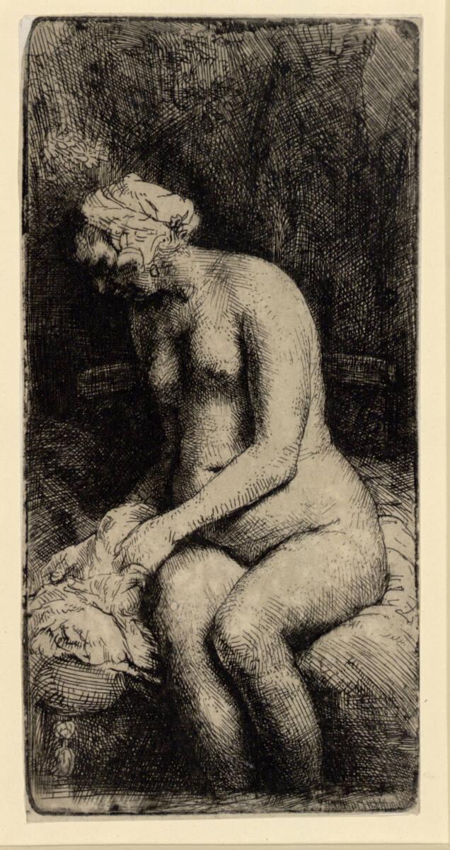 Sitzende nackte Frau, ihre Füße in einem Gewässer badend, Rembrandt, 1658