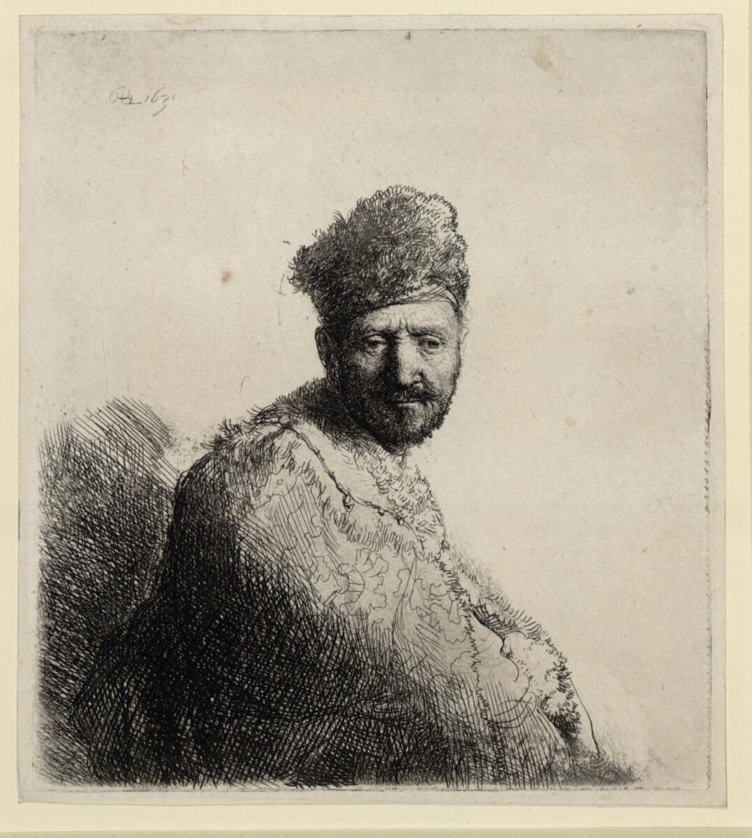Mann mit kurzem Bart, in gesticktem Pelzmantel, Rembrandt, 1631