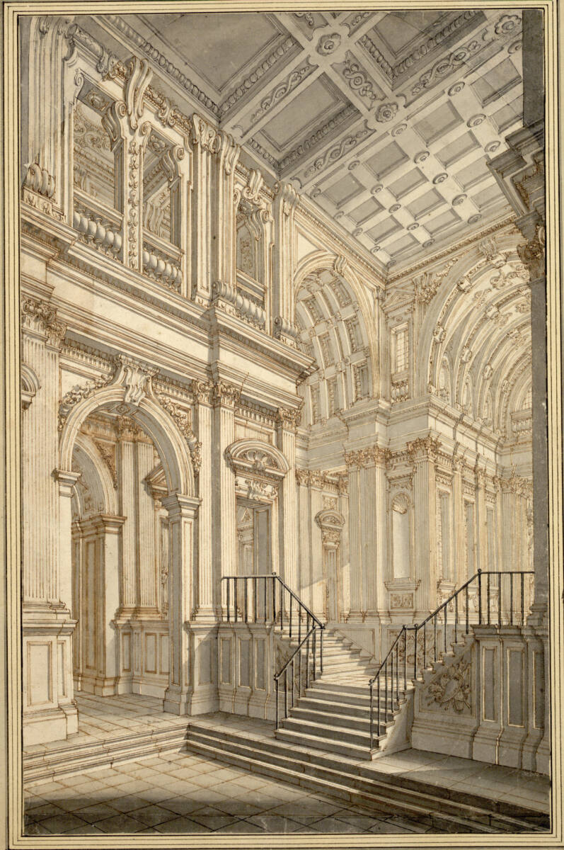 Vestibül mit korintischen Pilastern, die eine Kassettendecke tragen; eine einfache Treppe führt nach rechts; oben eine Loggia mit Phantasiesäulen, Giuseppe Galli Bibiena