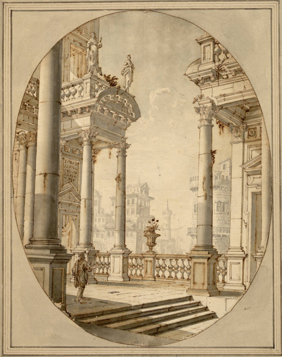 Terrasse eines Palastes zwischen zwei Gebäudeflügeln mit Ausblick auf eine Stadt; eine Staffagefigur (stehendes Oval), Giuseppe Galli Bibiena