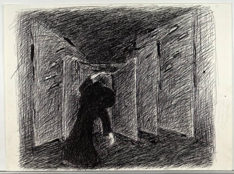 Jannis Kounellis, Szenebild aus dem Elektrazyklus: weibliche Figur vor perspektivisch gestaffel…