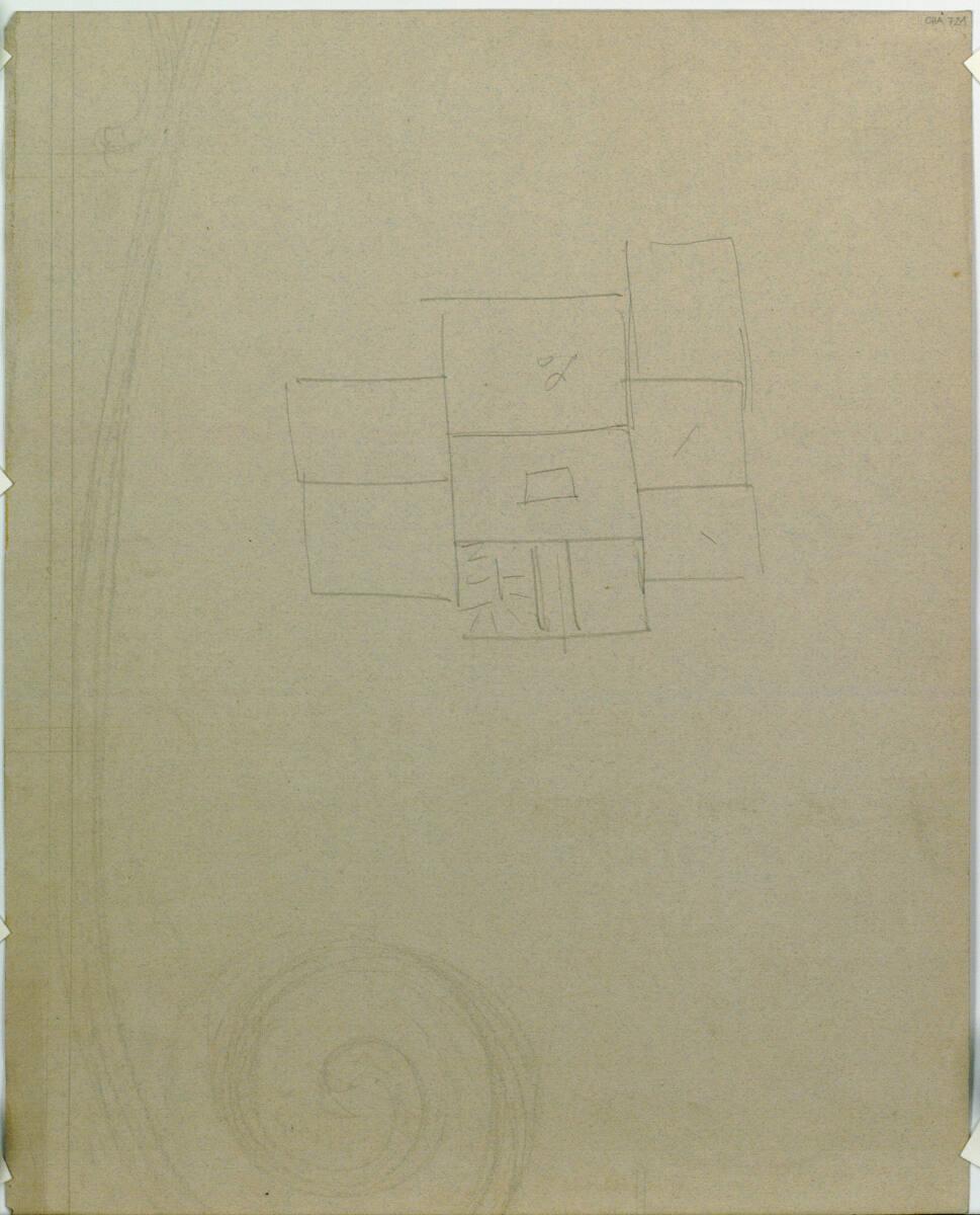 Carl von Hasenauer, Villenentwurf und Volutenskizze, Grundriss und Aufriß, Inv. Nr.: CHA721v