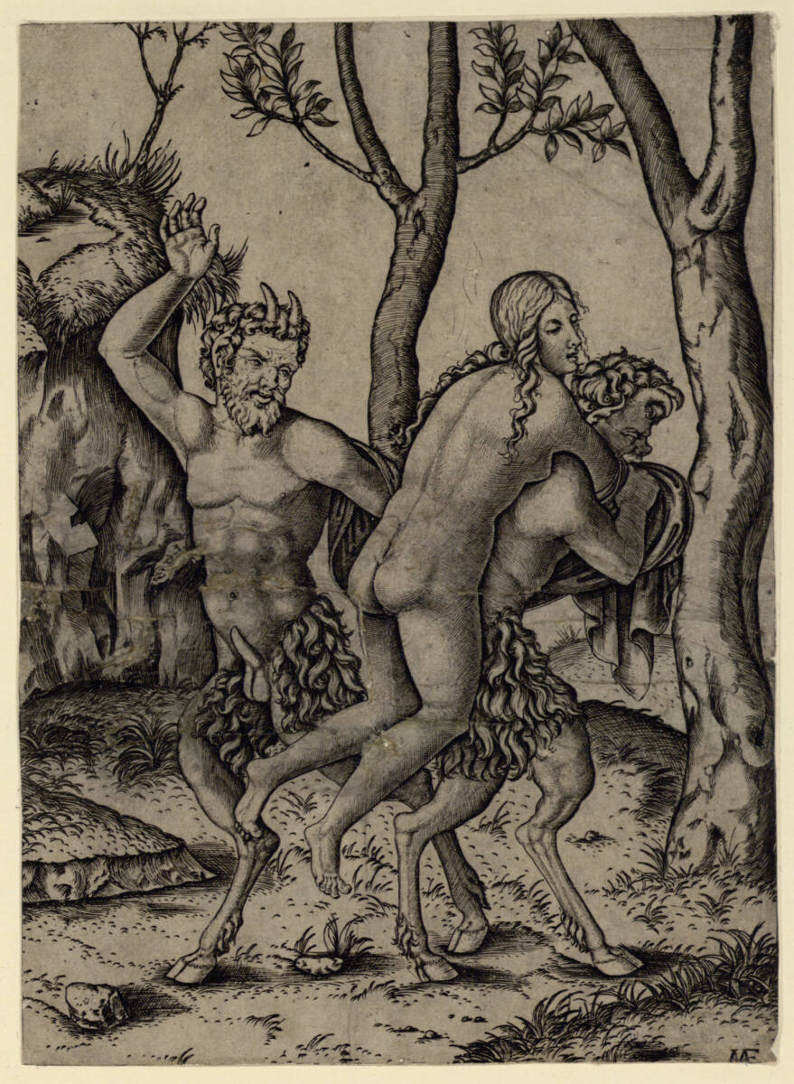Zwei Satyrn, von denen einer eine Nymphe trägt, Marcantonio Raimondi