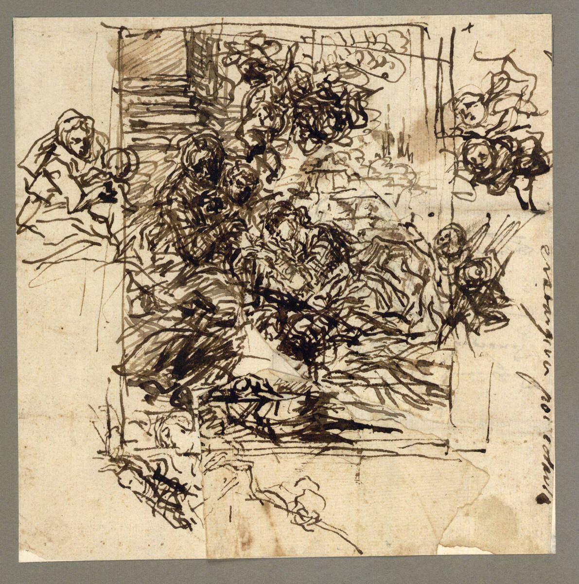 Studienblatt. Die Vermählung der hl. Katharina, Detailstudie der Madonna mit Kind, weitere Figurenstudien, Baldassare Franceschini, gen. il Volterrano