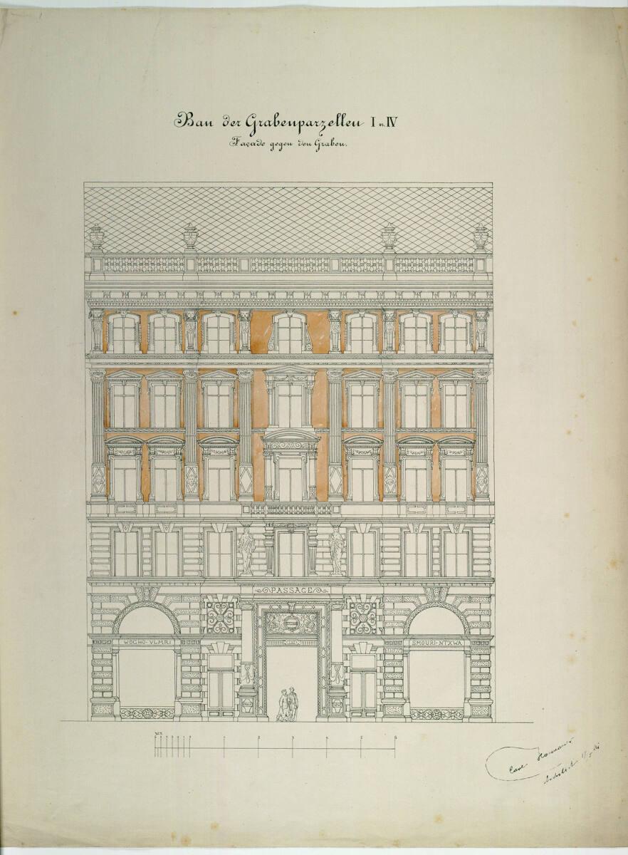 Carl von Hasenauer, Wien I, Graben 31, Azienda-Hof, Fassade zum Graben, Aufriß, Inv. Nr.: CHA83…