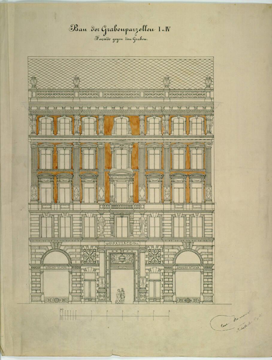 Carl von Hasenauer, Wien I, Graben 31, Azienda-Hof, Fassade zum Graben, Aufriß, Inv. Nr.: CHA84…